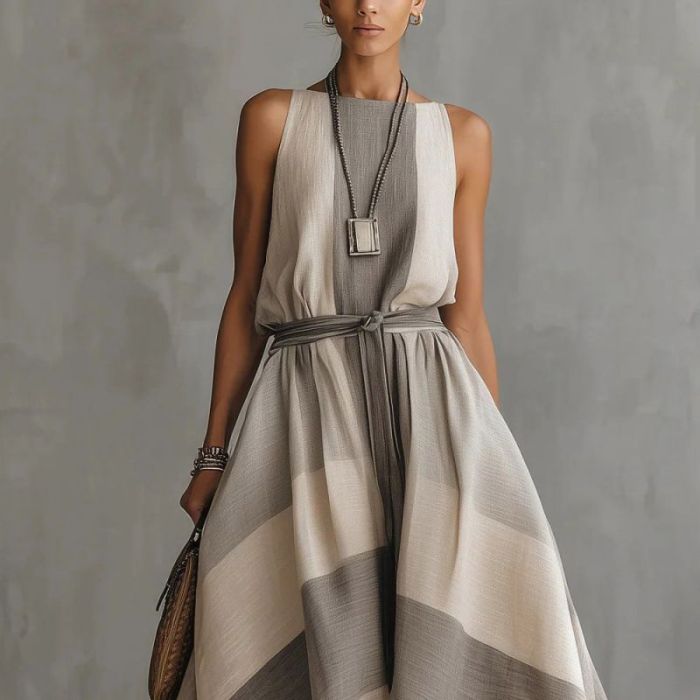 Gray Striped Belted High Low Maxi Dress For Daily Casual Outings