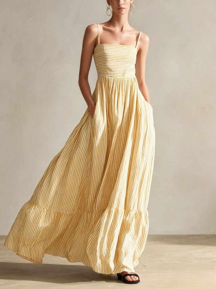 Striped Square Neck Spaghetti Strap Maxi Dress For Beach Vacation