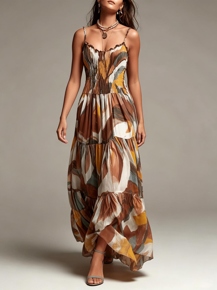 Vintage Abstract Print Spaghetti Strap A-Line Maxi Dress For Bohemian Holiday