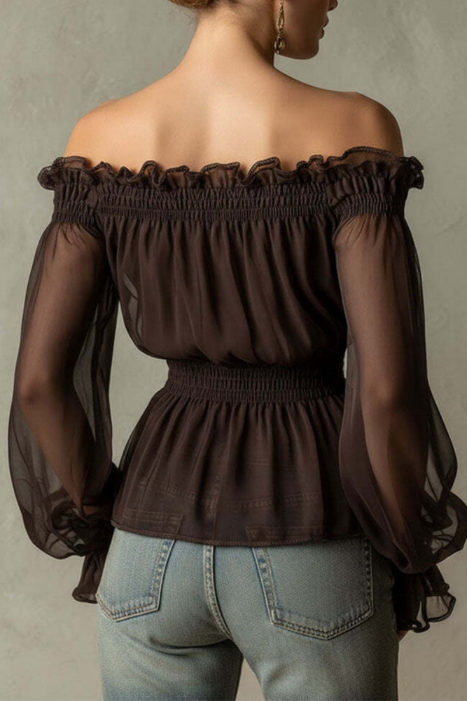 Off Shoulder Ruffle Long Sleeve Slim Waist Blouse For Office & Summer Daily