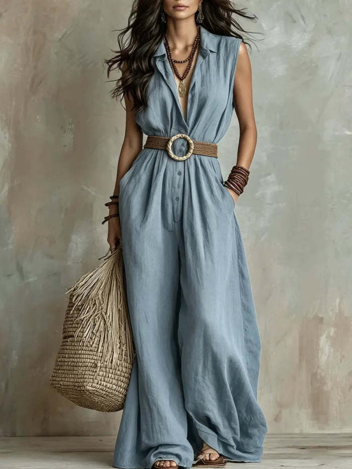 Sleeveless Collared Belted Wide Leg Jumpsuit For Summer Commuting Casual