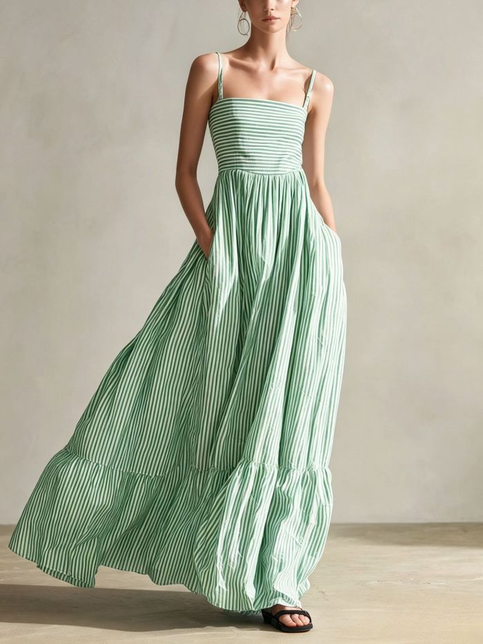 Striped Square Neck Spaghetti Strap Maxi Dress For Beach Vacation