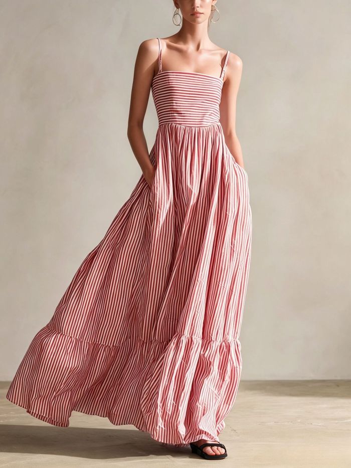 Striped Square Neck Spaghetti Strap Maxi Dress For Beach Vacation
