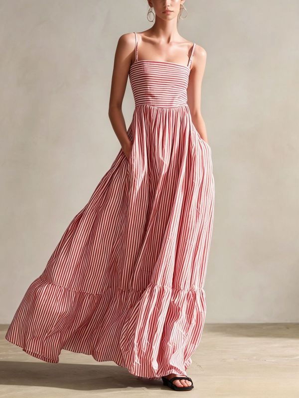 Striped Square Neck Spaghetti Strap Maxi Dress For Beach Vacation