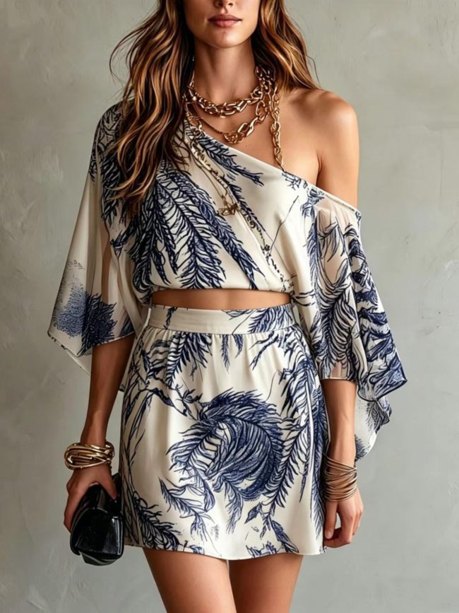 Print One Shoulder Bat Sleeve Top & High Waist Mini Skirt Two Piece Set For Summer Casual