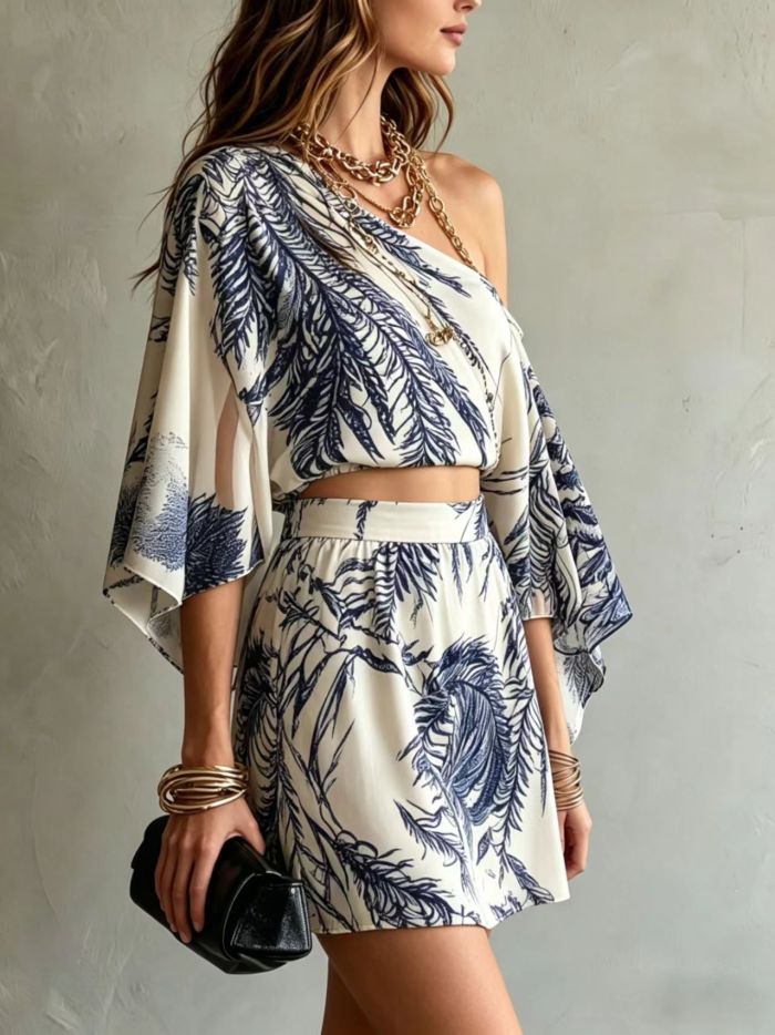 Print One Shoulder Bat Sleeve Top & High Waist Mini Skirt Two Piece Set For Summer Casual