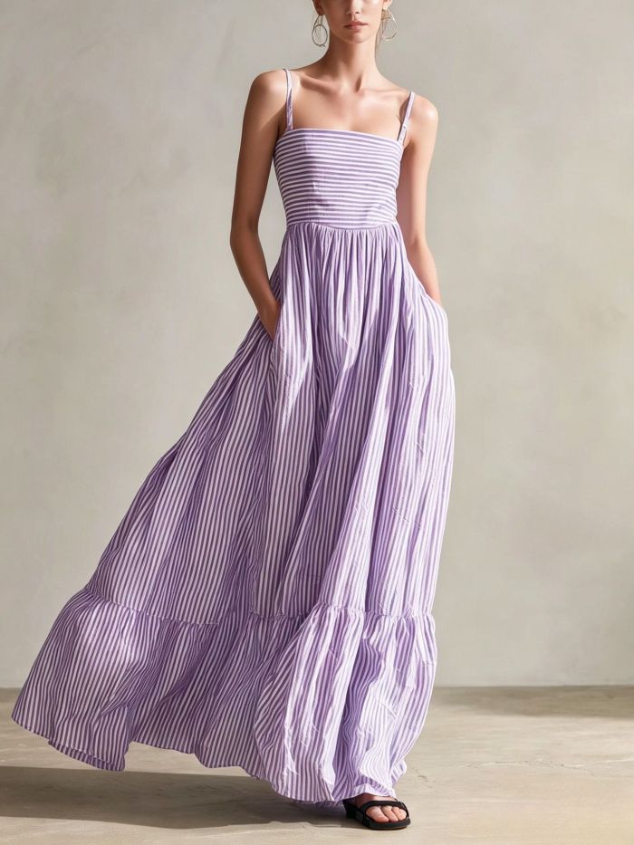 Striped Square Neck Spaghetti Strap Maxi Dress For Beach Vacation
