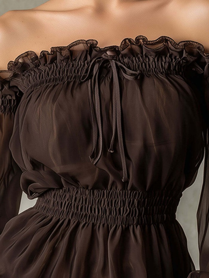 Off Shoulder Ruffle Long Sleeve Slim Waist Blouse For Office & Summer Daily
