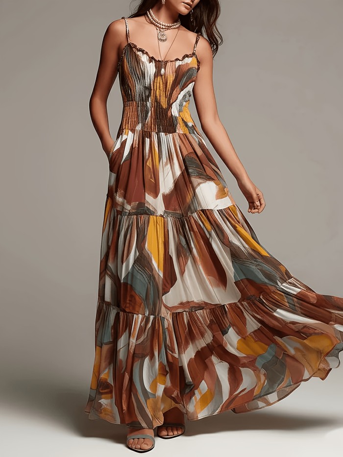 Vintage Abstract Print Spaghetti Strap A-Line Maxi Dress For Bohemian Holiday