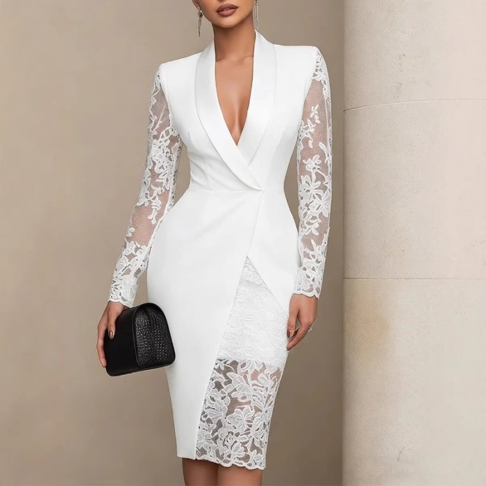 Lace Spliced Lapel Bodycon Suit Dress For Office Commute