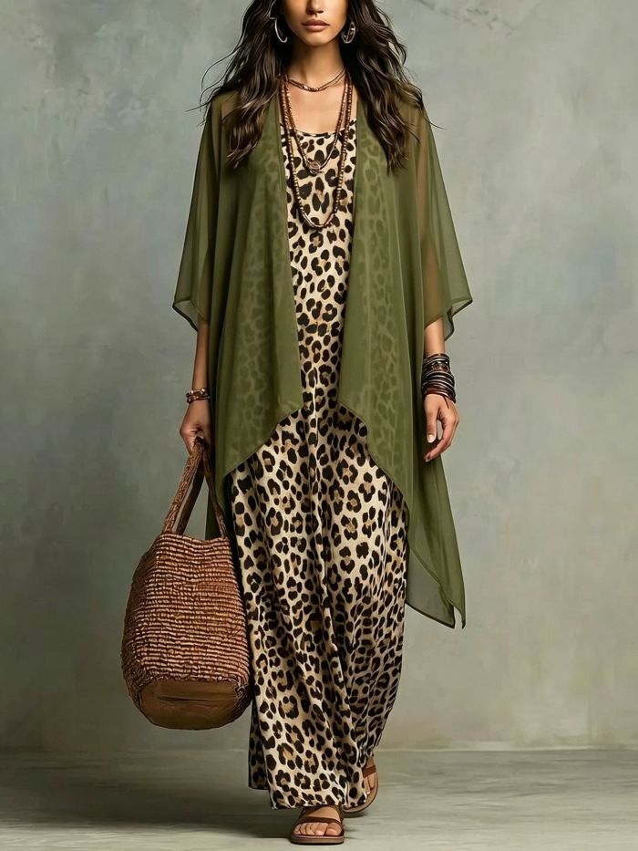 Leopard Print Spaghetti Strap Dress & Sheer Cover Up Two Piece Set For Beach Vacation