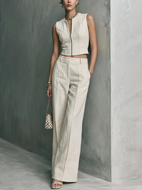 Solid Sleeveless Zip Tank Top & Straight Trousers Two Piece Set For Commuting Summer Casual