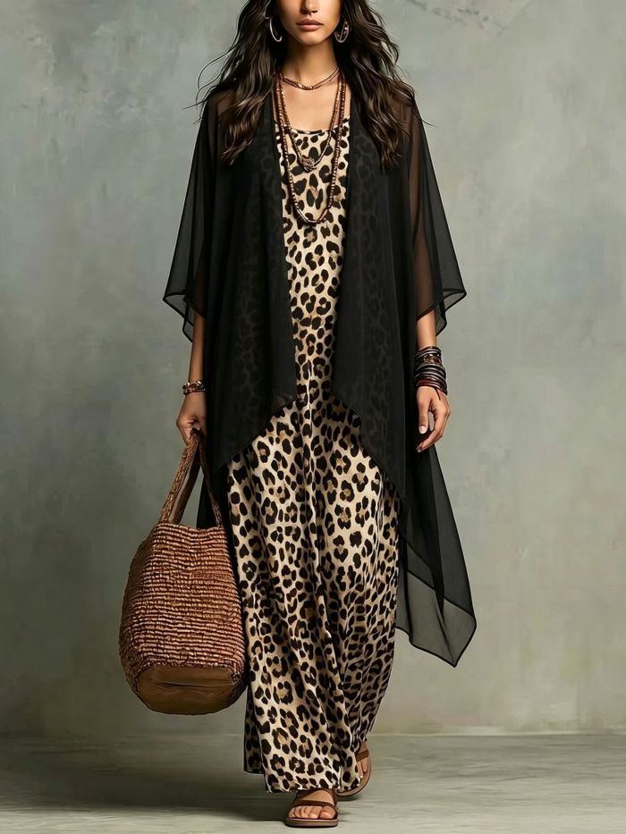 Leopard Print Spaghetti Strap Dress & Sheer Cover Up Two Piece Set For Beach Vacation