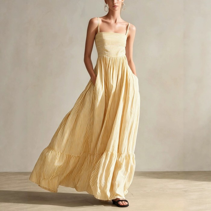 Striped Square Neck Spaghetti Strap Maxi Dress For Beach Vacation