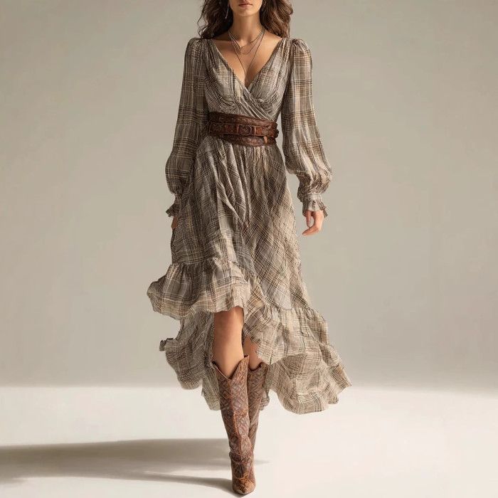 Digital Printed Plaid V Neck Long Sleeve Ruffle Trim Midi Dress For Daily Outing