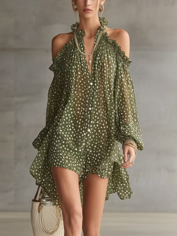 Polka Dot Halter Cold Shoulder Long Sleeve Mini Dress For Cocktail Party