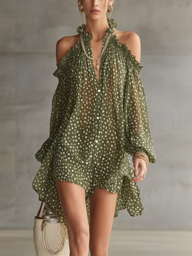Polka Dot Halter Cold Shoulder Long Sleeve Mini Dress For Cocktail Party