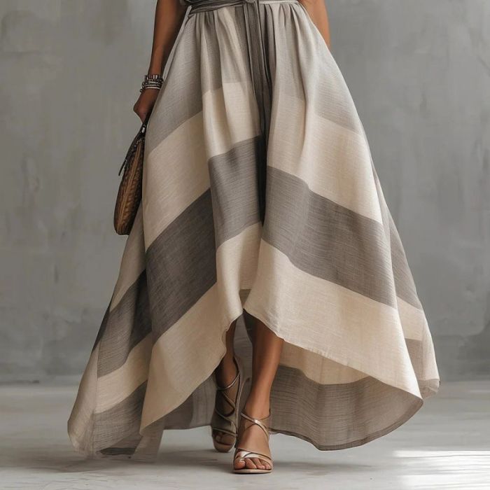 Gray Striped Belted High Low Maxi Dress For Daily Casual Outings