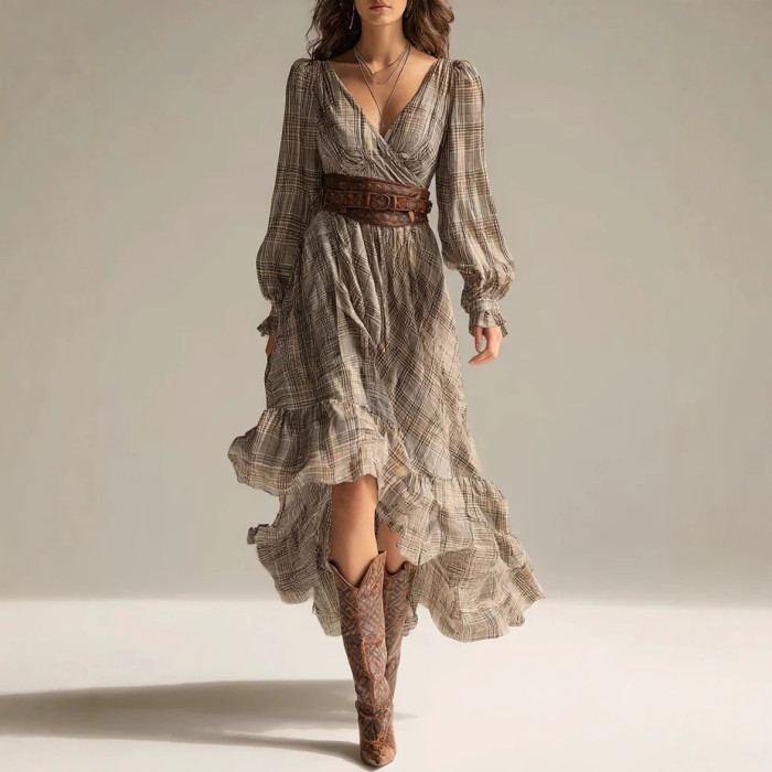 Digital Printed Plaid V Neck Long Sleeve Ruffle Trim Midi Dress For Daily Outing