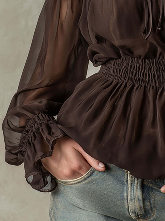 Off Shoulder Ruffle Long Sleeve Slim Waist Blouse For Office & Summer Daily