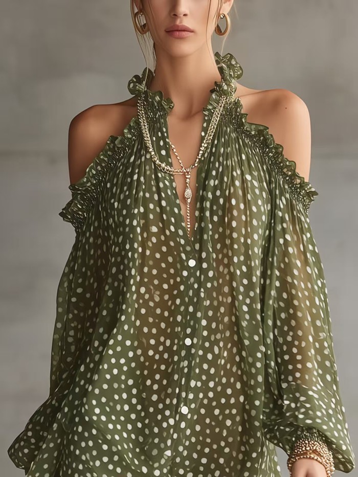 Polka Dot Halter Cold Shoulder Long Sleeve Mini Dress For Cocktail Party