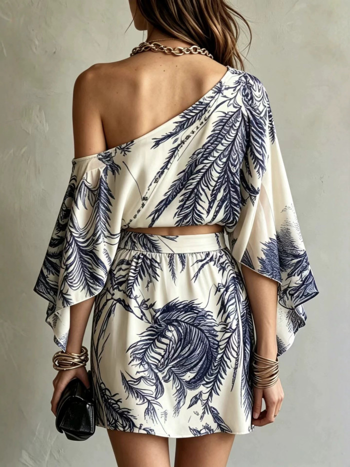 Print One Shoulder Bat Sleeve Top & High Waist Mini Skirt Two Piece Set For Summer Casual