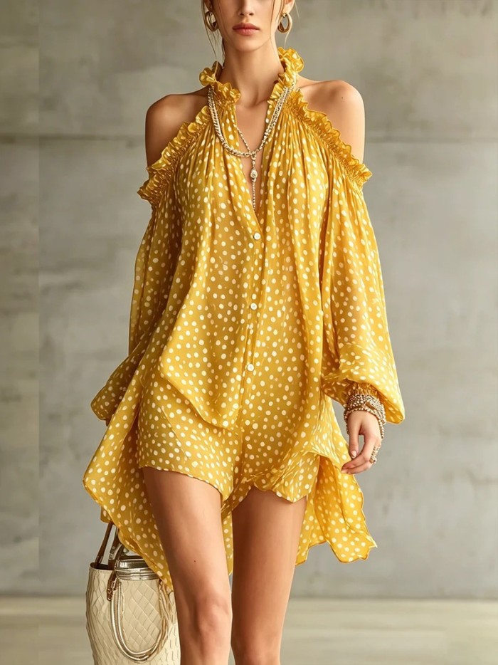 Polka Dot Halter Cold Shoulder Long Sleeve Mini Dress For Cocktail Party