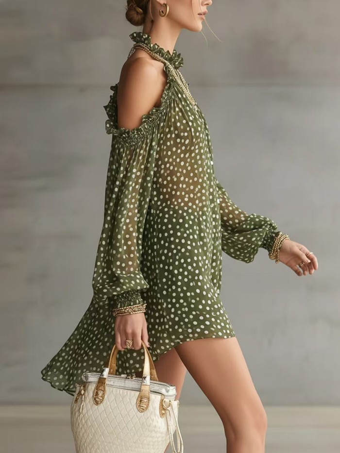 Polka Dot Halter Cold Shoulder Long Sleeve Mini Dress For Cocktail Party