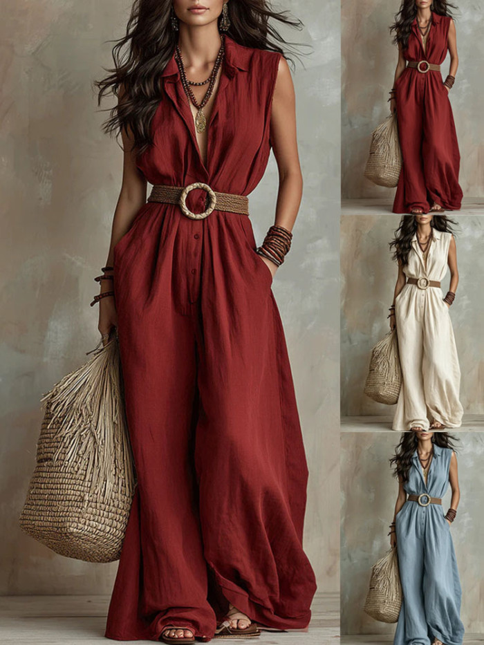Sleeveless Collared Belted Wide Leg Jumpsuit For Summer Commuting Casual