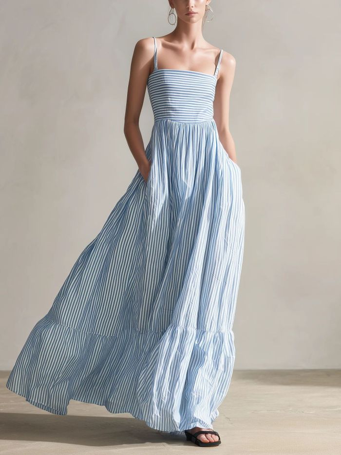 Striped Square Neck Spaghetti Strap Maxi Dress For Beach Vacation