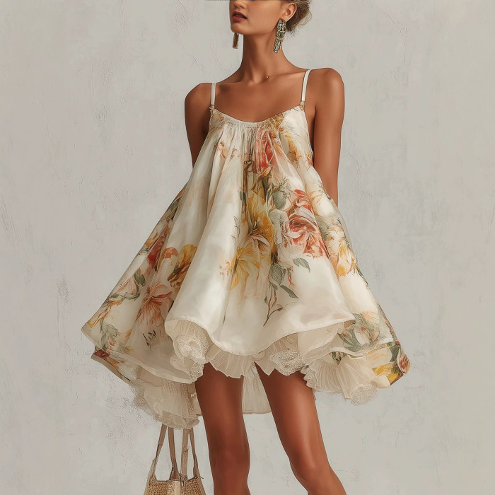 French Lace Trim Floral Asymmetrical Oversized Cami Dress For Vacation
