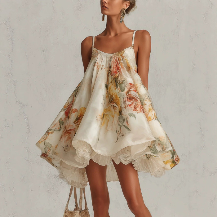 French Lace Trim Floral Asymmetrical Oversized Cami Dress For Vacation