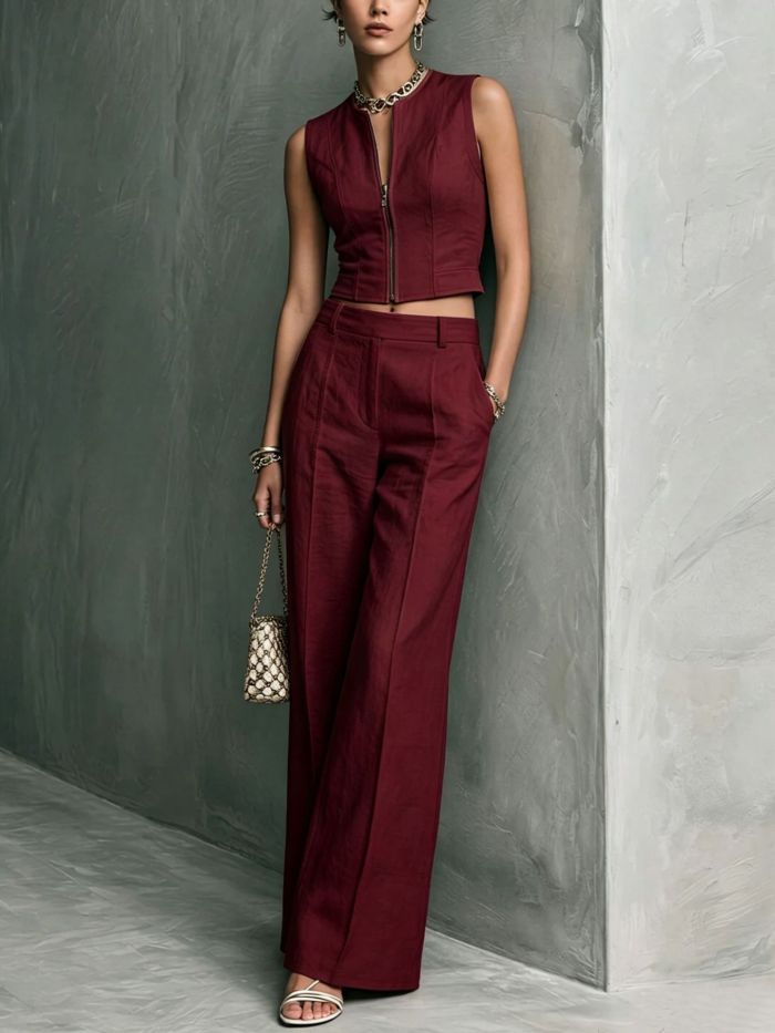 Solid Sleeveless Zip Tank Top & Straight Trousers Two Piece Set For Commuting Summer Casual