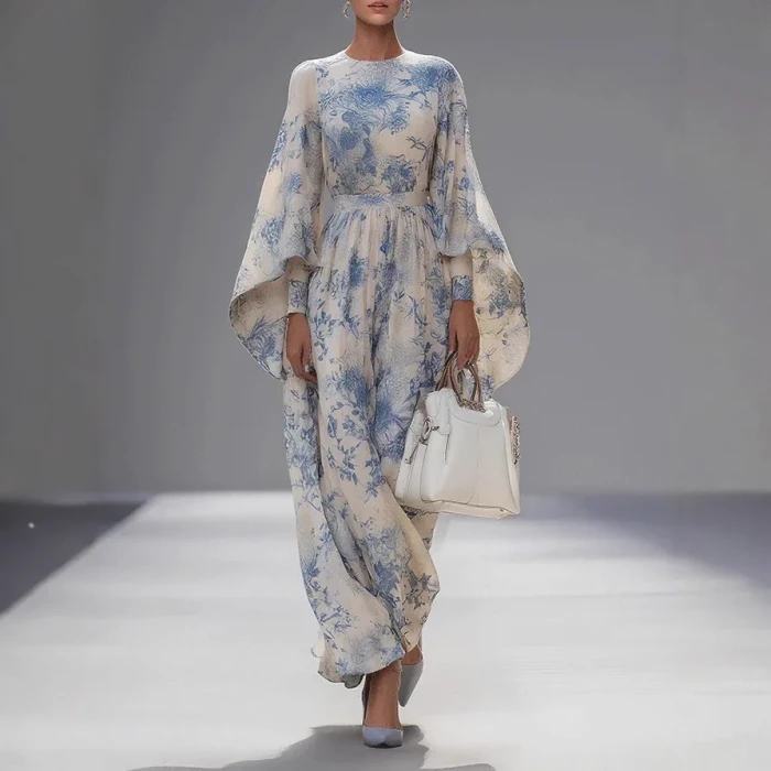 French Digital Print High Waist Flare Cuff Long Sleeve Dress For Daily & Dating