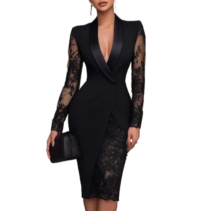 Lace Spliced Lapel Bodycon Suit Dress For Office Commute