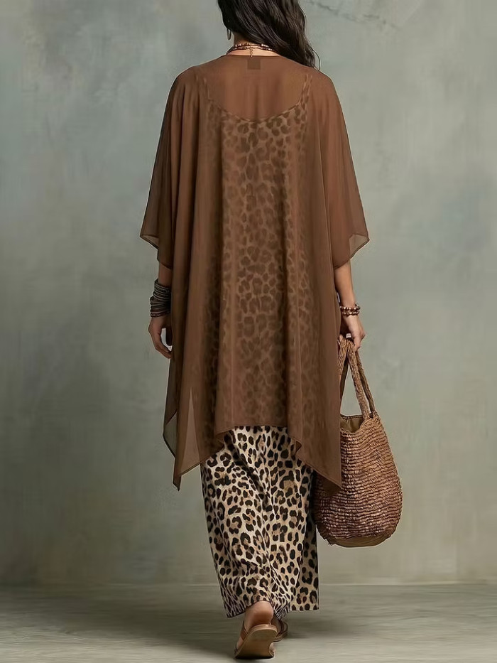 Leopard Print Spaghetti Strap Dress & Sheer Cover Up Two Piece Set For Beach Vacation