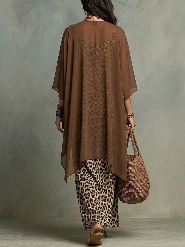 Leopard Print Spaghetti Strap Dress & Sheer Cover Up Two Piece Set For Beach Vacation