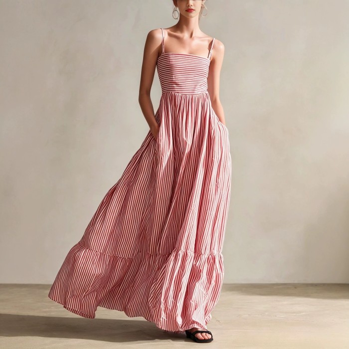 Striped Square Neck Spaghetti Strap Maxi Dress For Beach Vacation