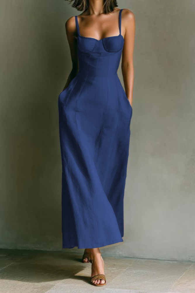 Spaghetti Strap Pocket Maxi Boho Dress For Vacation & Evening Party