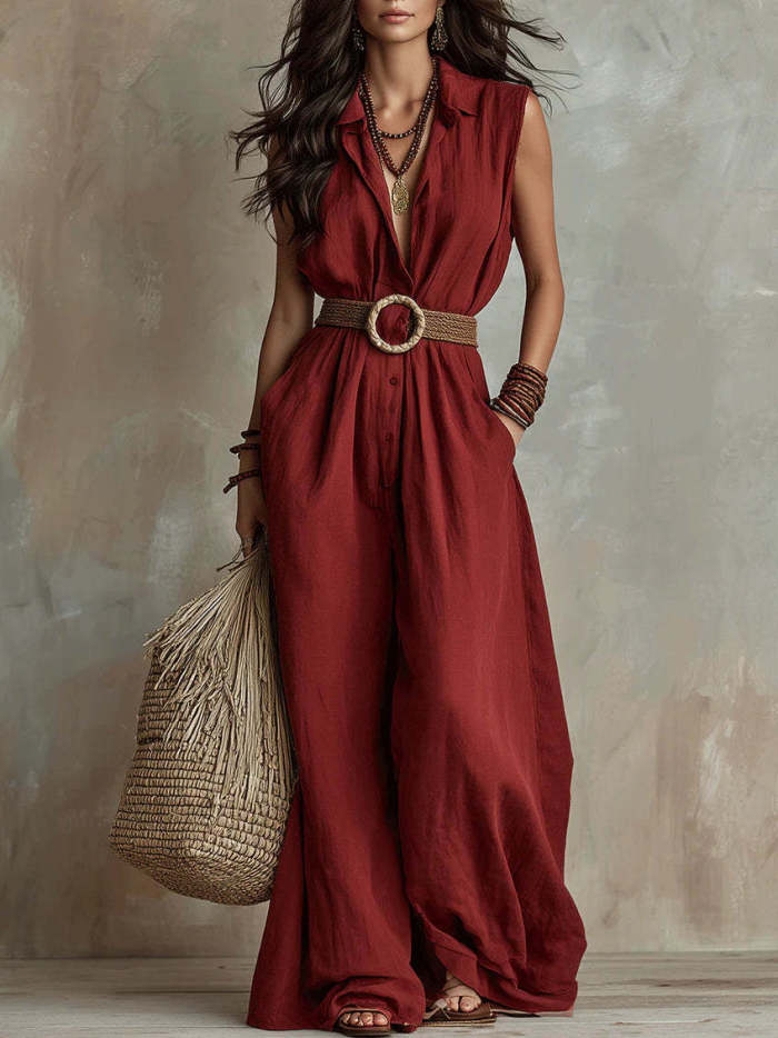 Sleeveless Collared Belted Wide Leg Jumpsuit For Summer Commuting Casual