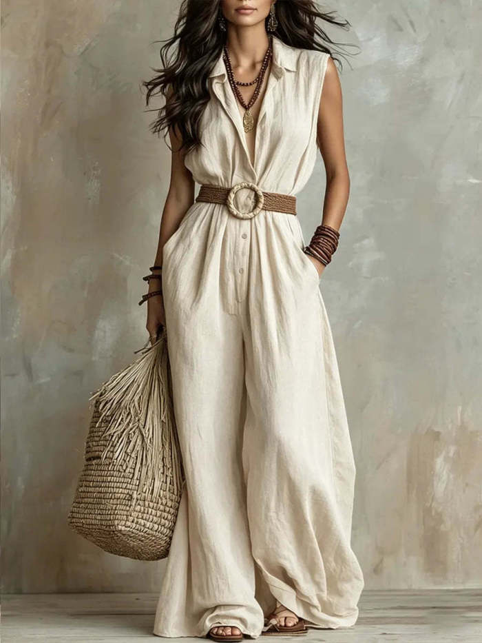 Sleeveless Collared Belted Wide Leg Jumpsuit For Summer Commuting Casual