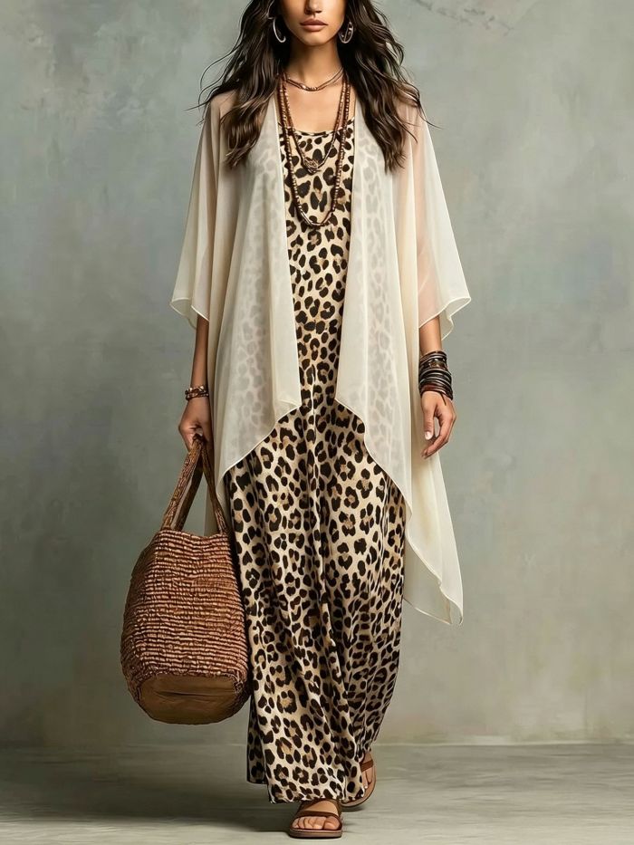 Leopard Print Spaghetti Strap Dress & Sheer Cover Up Two Piece Set For Beach Vacation