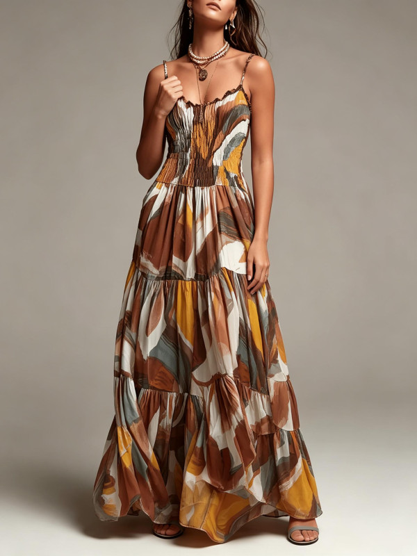 Vintage Abstract Print Spaghetti Strap A-Line Maxi Dress For Bohemian Holiday