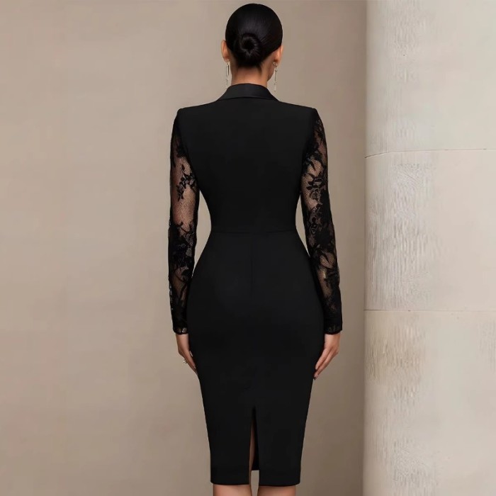 Lace Spliced Lapel Bodycon Suit Dress For Office Commute