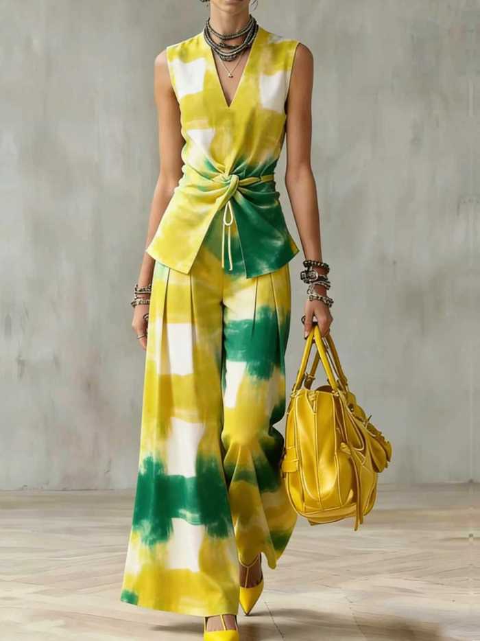 Tie Dye Sleeveless Twist Waist Top & Wide Leg Pants Two Piece Set For Summer Vacation