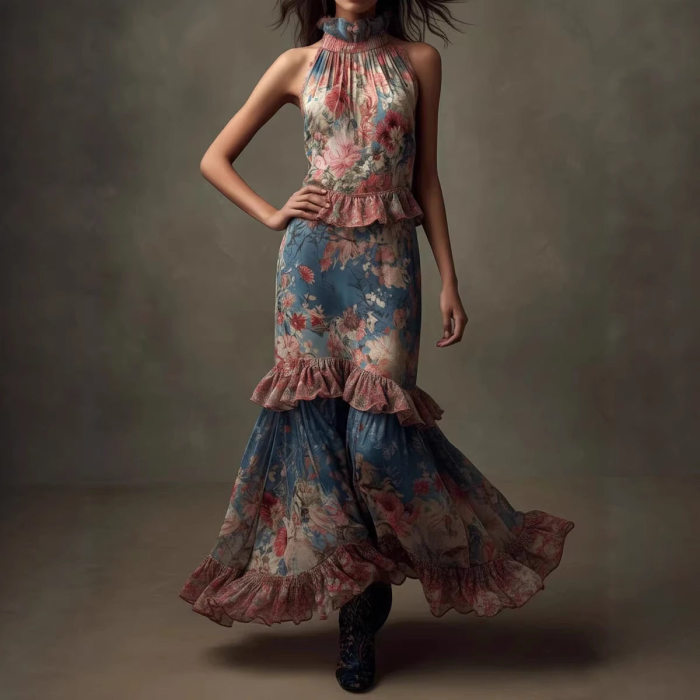 Off-the-Shoulder Ruffled Red Floral Bohemian Floor-Length Maxi Dress For Vacation Photoshoot