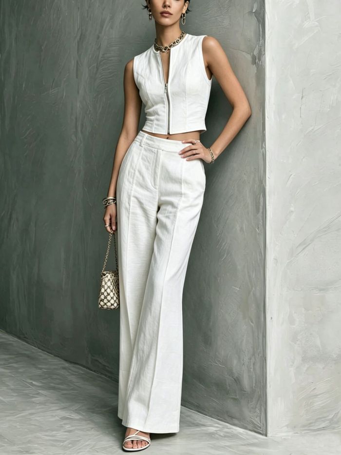 Solid Sleeveless Zip Tank Top & Straight Trousers Two Piece Set For Commuting Summer Casual