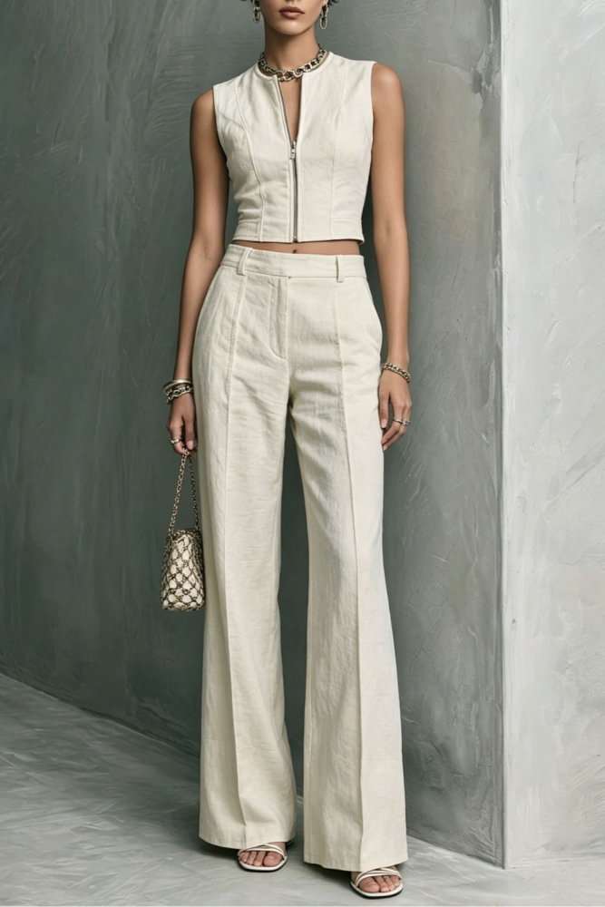 Solid Sleeveless Zip Tank Top & Straight Trousers Two Piece Set For Commuting Summer Casual