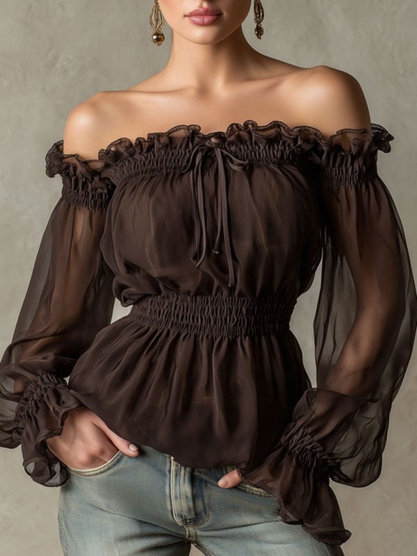 Off Shoulder Ruffle Long Sleeve Slim Waist Blouse For Office & Summer Daily