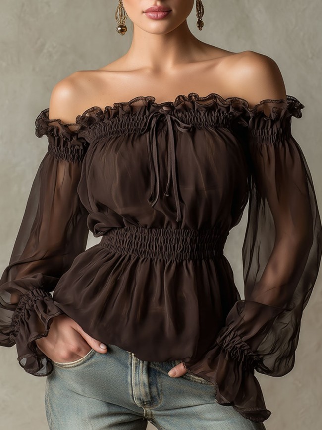 Off Shoulder Ruffle Long Sleeve Slim Waist Blouse For Office & Summer Daily